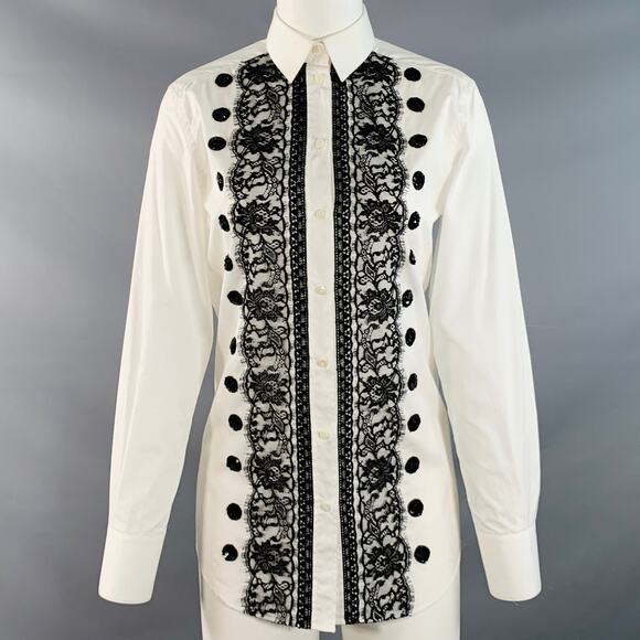 Size XS White Black Cotton Blend Lace Trim Sequins Button Up Shirt - Picture 1 of 6